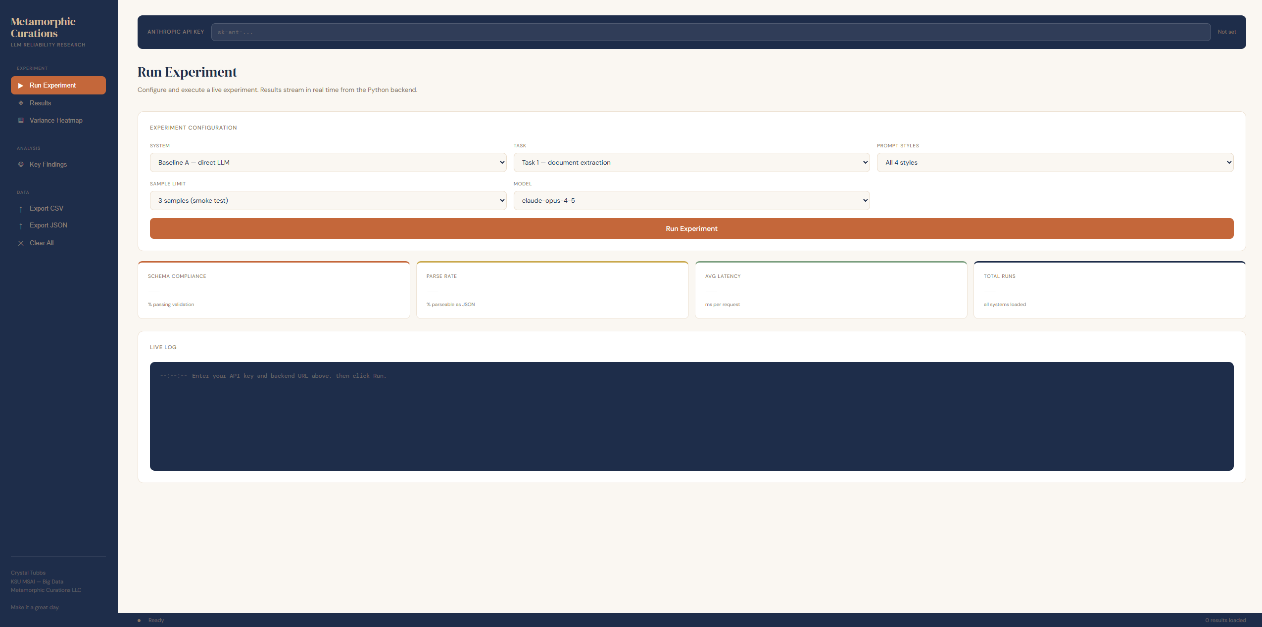 LLM Reliability Pipeline dashboard — Run Experiment view